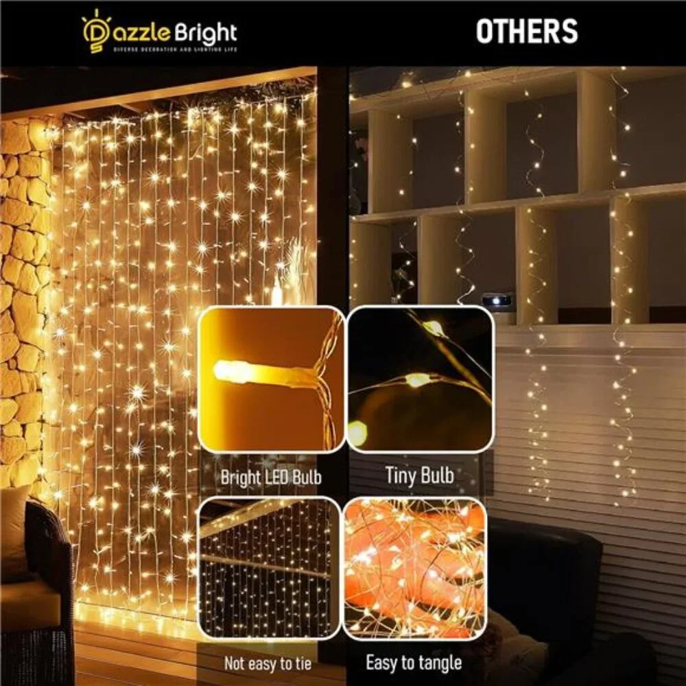 300 LED Curtain Fairy Lights Warm White String Hanging Window Wall Christmas